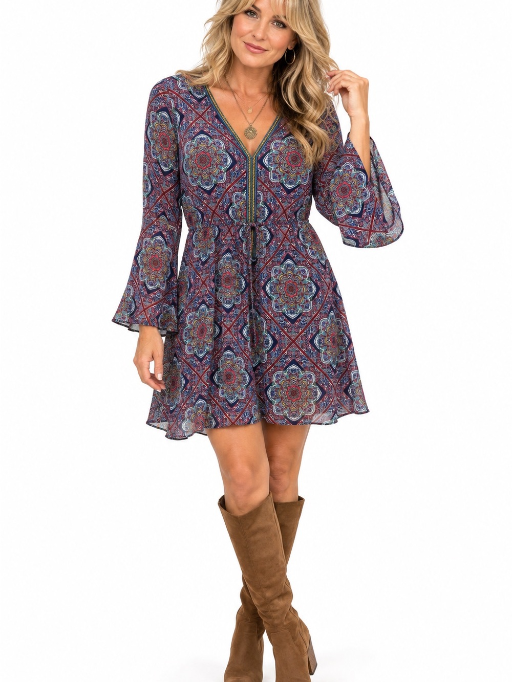 Crescent Large Boho Paisley Medallion Bell Sleeve Drawstring Dress